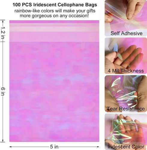 Miniatura 2 de Bolsas de celofán iridiscentes autosellantes – 5 x 6 pulgadas, 100 bolsas resellables para embalaje, regalos y fiestas