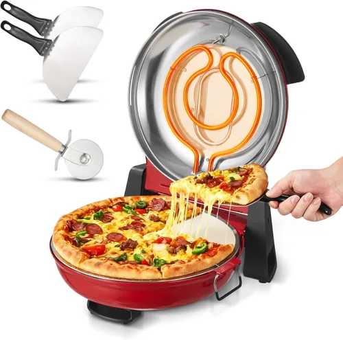 VEVOR Horno para pizza, máquina eléctrica de pizza de 12 pulgadas, cocina de encimera de 1200 W con piedra de cordierita, perilla de control de Rojo