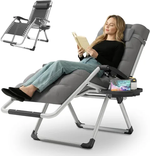 Miniatura 14 de MoNiBloom Silla reforzada de gravedad cero, tumbona plegable para piscina y playa, tumbona de bronceado portátil con cojín, reposacabezas y bandeja