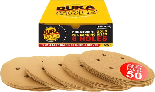 Dura-Gold Premium 80, 120, 220, 320, 400 discos de papel de lija dorados de 6 pulgadas, patrón de 6 agujeros, sin polvo, 10 cada uno, 50 en total -
