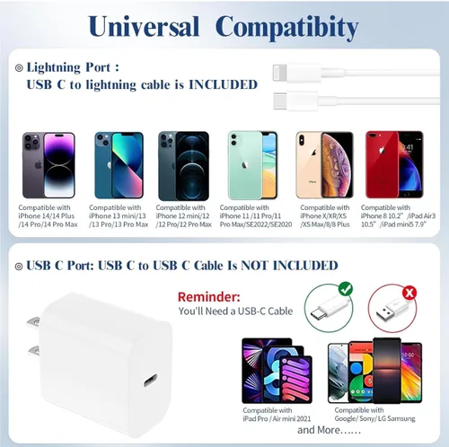 Miniatura 7 de Kalikap Cargador rápido USB C de 20 W [certificado MFi] compatible con iPhone 14/13/12/11/XS/XR/X/8/iPad, paquete de 2 bloques de cargador PD tipo C