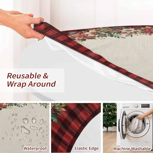 Miniatura 9 de Mantel ajustado redondo de Navidad con Poinsettia, mantel de lino retro de Navidad impermeable para mesa circular, mantel circular elástico de Rojo