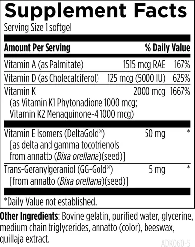 Miniatura 5 de Designs for Health ADK Evail - 5,000 UI de vitamina D3 con vitaminas A, E (Gamma Delta Tocotrienoles de Annatto), K (K1 + K2) - Complejo de vitamina