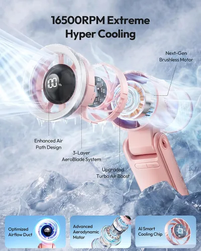 Miniatura 2 de Gaiatop Ventilador turbo portátil de mano, 21 horas de refrigeración, ventiladores de mano 4 en 1 plegables de 180°, mini ventiladores personales