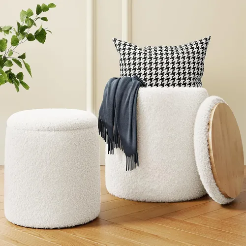 Miniatura 11 de Juego de 2 otomanas beige con almacenamiento, taburete de tocador tapizado de terciopelo, cómodos taburetes redondos de maquillaje, reposapiés