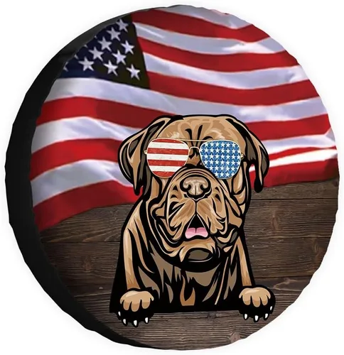 Miniatura 15 de Cubierta de neumático de repuesto para perro salchicha con gafas de sol con bandera de Estados Unidos, fundas protectoras de ruedas a prueba