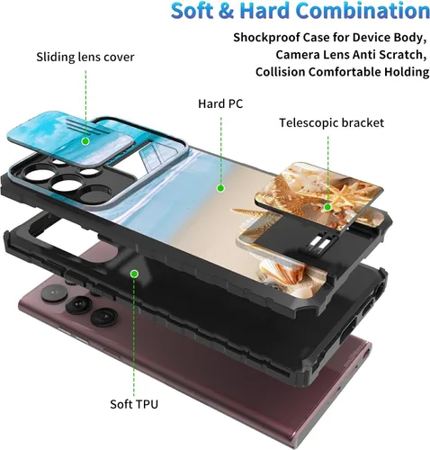 Miniatura 235 de Funda para Samsung Galaxy S22 Ultra 5G, Galaxy S22 Ultra con cubierta de cámara deslizante, funda resistente de doble capa con función atril Black