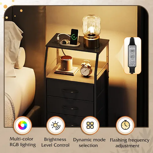 Miniatura 4 de WLIVE Mesita de noche con estación de carga, mesita de noche LED con 4 cajones de tela y estante de almacenamiento, cómoda alta para dormitorio