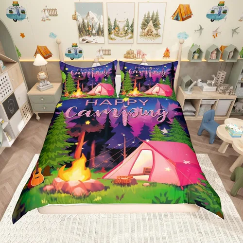 Miniatura 43 de Funda de edredón Happy Camping, juego de ropa de cama con temática de cámper para niños, funda de edredón de estilo rústico para decoración