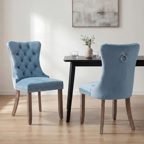 Miniatura 42 de OVENTA Juego de 4 sillas de comedor modernas tapizadas copetudas, terciopelo negro y gris y cuero con patas de madera maciza, sillas de cocina