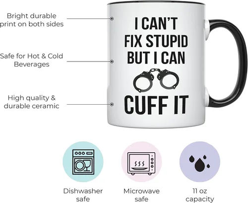 Miniatura 2 de YouNique Designs Taza de café con texto en inglés "I Can't Fix Stupid But I Can Cuff It, 11 onzas", taza para oficial de policía, regalos