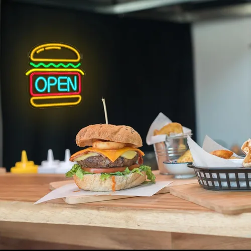 Miniatura 7 de Letrero de neón de hamburguesas abierto para decoración de pared Luces LED de hamburguesa regulables Letreros de neón abiertos para negocio Luz
