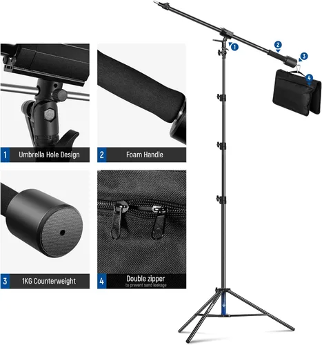 Miniatura 7 de NEEWER Soporte de luz de aluminio acolchado de aire, soporte de fotografía ajustable de 9.8 pies con brazo de pluma, contrapeso, bolsa de arena