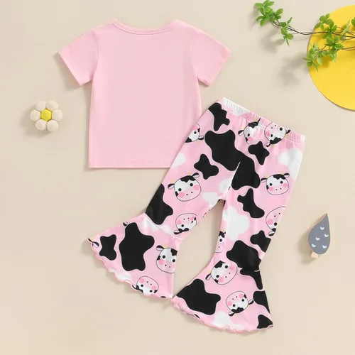 Miniatura 98 de fhutpw Conjunto de camiseta de manga corta con estampado de vaca y pantalones acampanados de dibujos animados para niñas