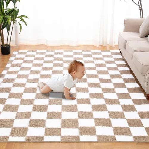 Miniatura 14 de Alfombra de área súper suave en blanco y negro, de 5 x 7 pies, alfombra clásica a cuadros de pelo alto mullida para dormitorio, sala de estar, Negro