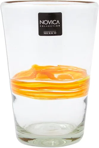 Miniatura 6 de NOVICA Vasos de jugo de vidrio reciclado, soplados a mano, hechos a mano, color amarillo, artesanal, 15 onzas, cinta de sol (juego de 6)
