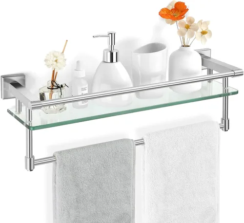 Estante de baño de vidrio con barra para toallas, barra para toallas de acero inoxidable templado/estantes de baño de vidrio templado con riel,