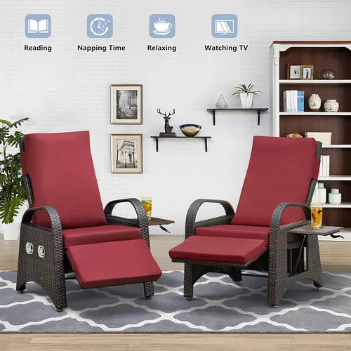 Miniatura 6 de Skypatio Silla reclinable de mimbre para exteriores con mesa auxiliar, respaldo ajustable independientemente y reposapiés, silla reclinable para Rojo