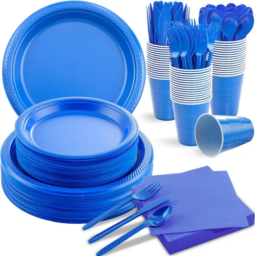 Miniatura 15 de MirthMood - 350 platos desechables negros, platos negros, suministros de plástico para fiestas, incluye 50 platos llanos, 50 platos de ensalada, 50