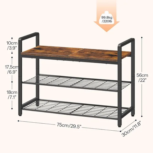 Miniatura 2 de HOOBRO Banco de zapatos para entrada, organizador industrial de almacenamiento de zapatos de 3 niveles con asas superiores y laterales de madera