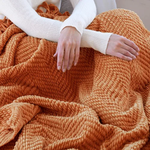 Miniatura 3 de Manta de tweed con borlas de flecos para sofá, decoración del hogar, cama, sofá, silla, 50 x 60 pulgadas, naranja óxido
