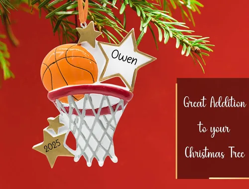 Miniatura 5 de Adorno de Navidad personalizado de baloncesto 2026 Bola B con estrellas doradas y aro de canasta para árbol de Navidad Recuerdo único