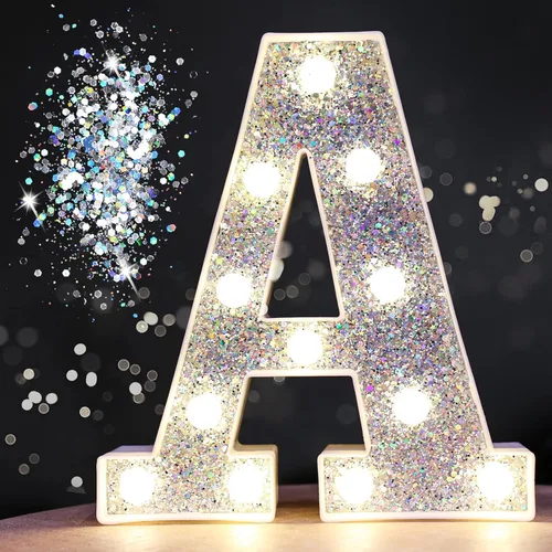 Pooqla - Letras con luces LED para decoraciones de cumpleaños plateadas, letras de marquesina LED para decoración de habitación de adolescentes,