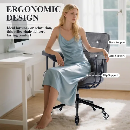 Miniatura 8 de Silla de escritorio de oficina en casa, silla retro de piel sintética con soporte lumbar y ruedas de goma, silla ergonómica de computadora