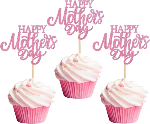Miniatura 24 de Rsstarxi 1 paquete de decoración para pastel con flores de purpurina con doble corazón Love Mom Best Mom Best Mom Cake Pick Decoraciones para feliz