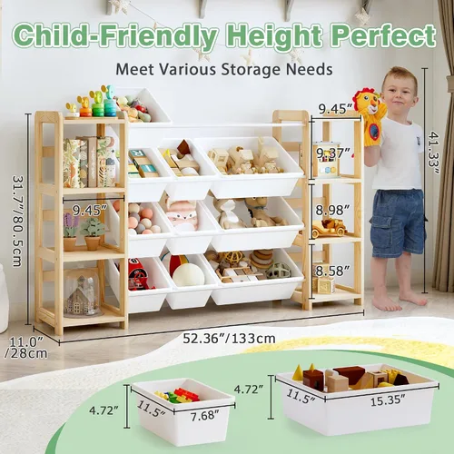 Miniatura 2 de MallBest Organizador de almacenamiento de juguetes extra ancho con 12 contenedores y estantes dobles, estante de madera de pino maciza para niños