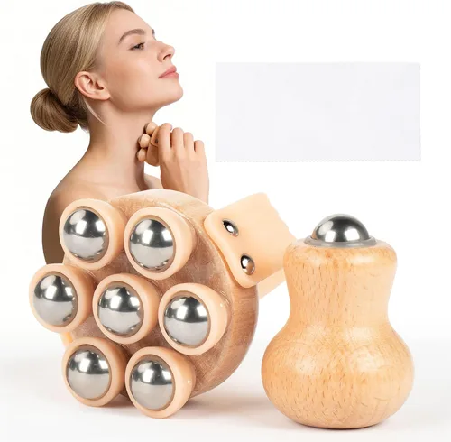 Paquete de 2 masajeadores linfáticos de mano de madera con múltiples bolas y rodillos de bolas de dedo, con bolas suaves de acero inoxidable 304
