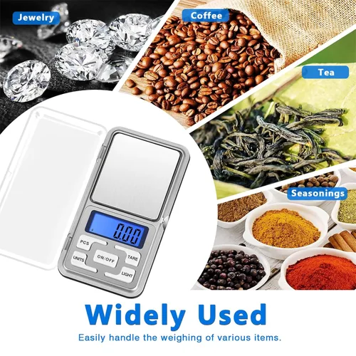 Miniatura 7 de Alta precisión mini electrónica digital bolsillo báscula joyería pesaje equilibrio portátil 17.64 oz/0.00 oz función de conteo LCD azul g/tl/oz/ct