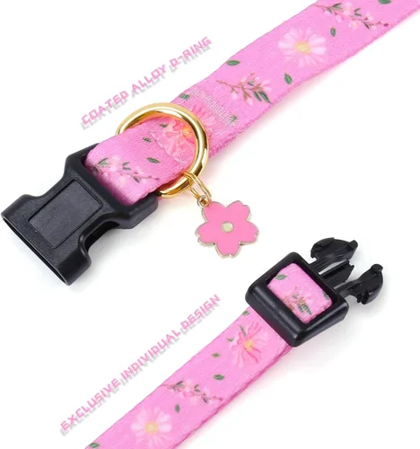 Miniatura 6 de Collar de perro de algodón hecho a mano para perros pequeños, medianos y grandes, flores rosadas con colgante, lindos collares de perro (M)