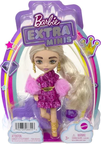 Miniatura 7 de Barbie Extra Minis - Muñeca y accesorios con cabello rubio con vestido brillante y encogedor peludo, 5.5 pulgadas