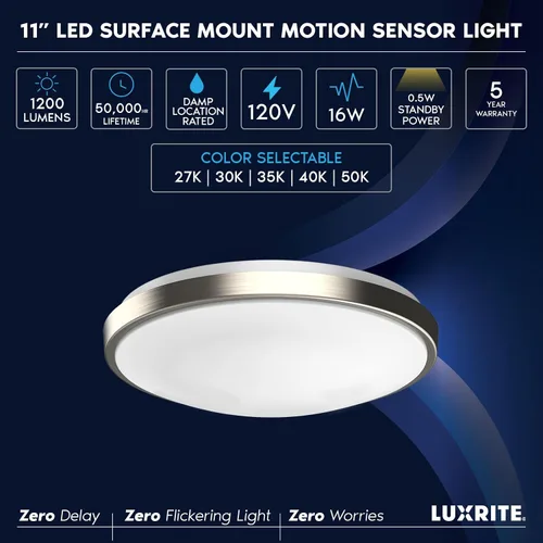 Miniatura 7 de LUXRITE Lámpara de techo LED con sensor de movimiento, 11 pulgadas, 5CCT seleccionable 2700K 3000K 3500K 4000K 5000K, tiempo de espera de 60s, 16W