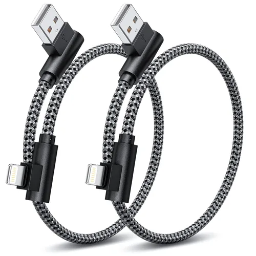 Cargador para iPhone de 1 pie y 90 grados, 2 unidades, con certificación MFi, cable Lightning corto en ángulo recto, cable de carga rápida para