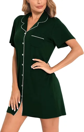 Miniatura 4 de SWOMOG Camisón de manga corta con botones para mujer, con cuello de muesca, pijama, vestido de pijama