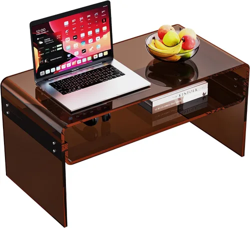 Miniatura 17 de Mesa de café acrílica para sala de estar con estante de almacenamiento abierto, mesa rectangular transparente de Lucite (1, Transparente, Normal)