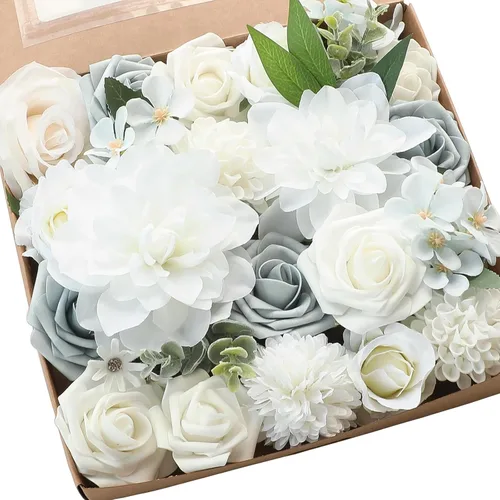 Miniatura 14 de Floroom - Flores artificiales de aspecto real en color lila, lavanda, púrpura y crema, rosas falsas, dalias y vegetación en conjunto de caja
