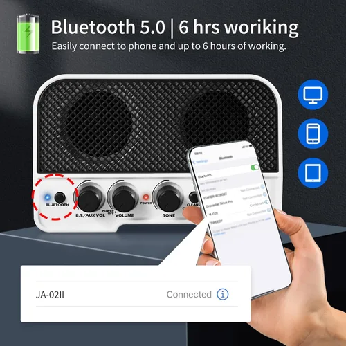 Miniatura 4 de JOYO Mini Amplificador de Guitarra Eléctrica 5W Pequeño Amplificador de Guitarra para Práctica con Bluetooth, Canales Limpios y Overdrive, Portátil