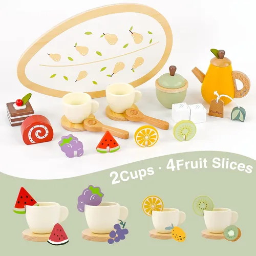 Miniatura 2 de PairPear Juego de fiesta de té de madera para niñas pequeñas, juegos de té para niños pequeños de 3 a 5 años, 20 piezas, juego de té de frutas