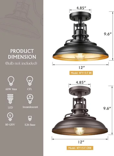 Miniatura 2 de FEMILA 1-luz montaje semiempotrado, luz de techo de 30 cm para granja al aire libre para pasillo, porche, lavandería, vestíbulo, acabado de bronce