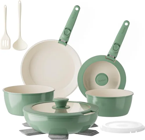 Redchef Juego de sartenes y ollas antiadherentes de cerámica, juego de utensilios de cocina de cerámica con asas desmontables, 16 piezas, apto para