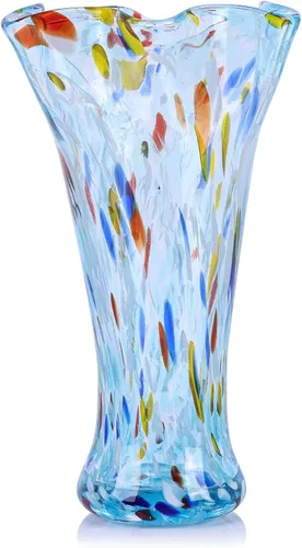 Floreros de cristal aguamarina de 9.0 pulgadas de alto para flores, jarrón único de vidrio soplado a mano, decoración del hogar, jarrón de flores