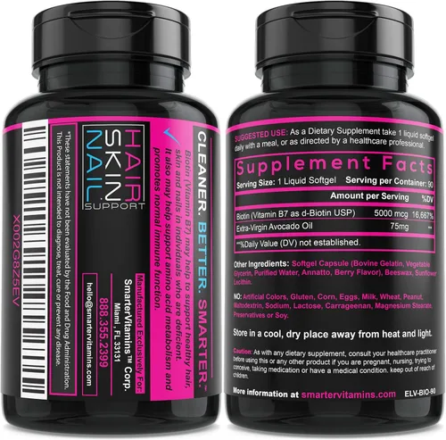 Miniatura 3 de (2 unidades) Smarter Biotin 5000mcg en aceite de aguacate, vitamina B7, sin OMG, 90 mini cápsulas blandas líquidas, sin soja