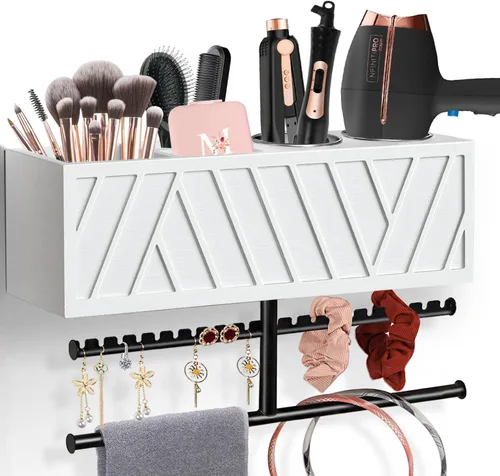Miniatura 10 de Soporte rústico para secador de pelo montado en la pared, organizador de herramientas y accesorios para el peinado del cabello, organizador