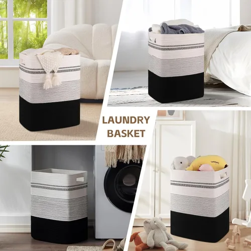Miniatura 8 de Cesta de Ropa Sucia, Cesta de Lavandería Grande de Cuerda Tejida Alta con Asas, 22" X 17" X 13", Cesta de Almacenamiento Decorativa para Ropa