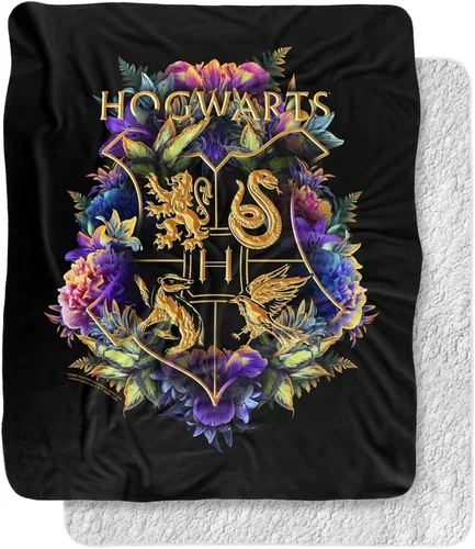 Miniatura 9 de Manta de Harry Potter, 50 x 60 pulgadas, Hogwarts Green and Gold Floral Crest Silky Touch Sherpa Back Manta súper suave