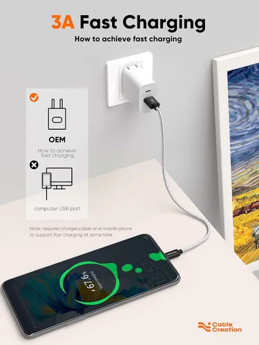 Miniatura 4 de CableCreation Cable USB corto a USB C de 1 pie, cable USB A a USB C de 3A de carga rápida trenzado USB C macho a USB macho para Power Bank, Galaxy