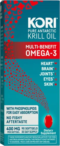 Kori Krill Suplemento de aceite Omega 3, aceite de krill antártico con absorción superior frente a aceite de pescado, 400 mg cápsulas blandas, EPA y